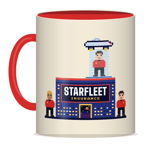 The Starfleet Insurance mug: the HQ building, a red shirt beaming up, and two more on the street.